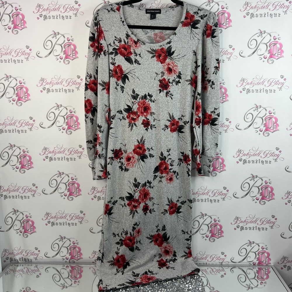Streetwear Society dress roses red green Gray Floral Long Sleeve Dress stretchy